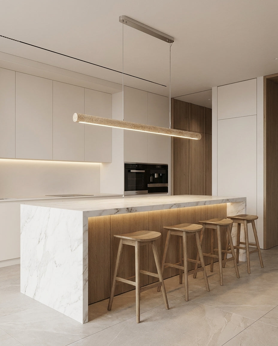 Valtorin Curated Yellow Travertine Chandelier – illuminated warm ambiance setting