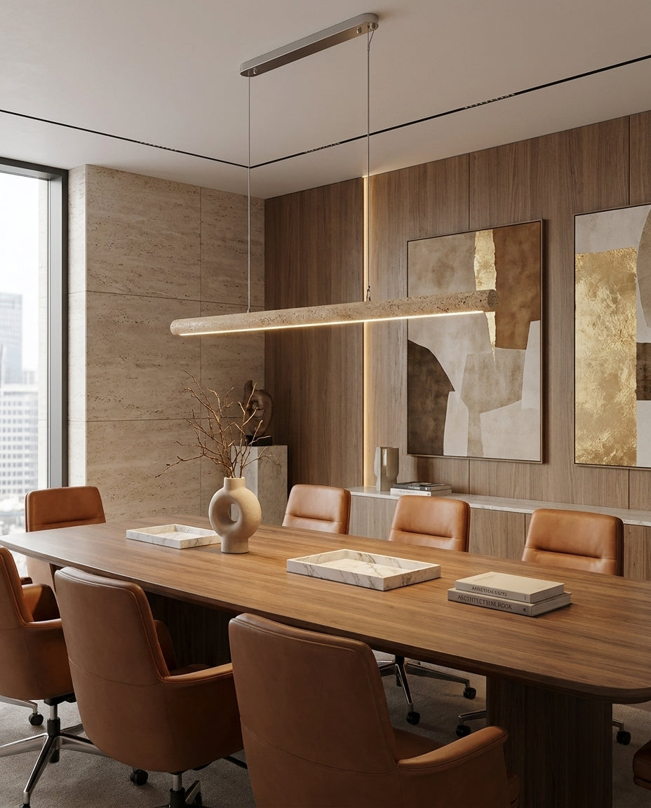 Valtorin Curated Yellow Travertine Chandelier warm illuminated room view