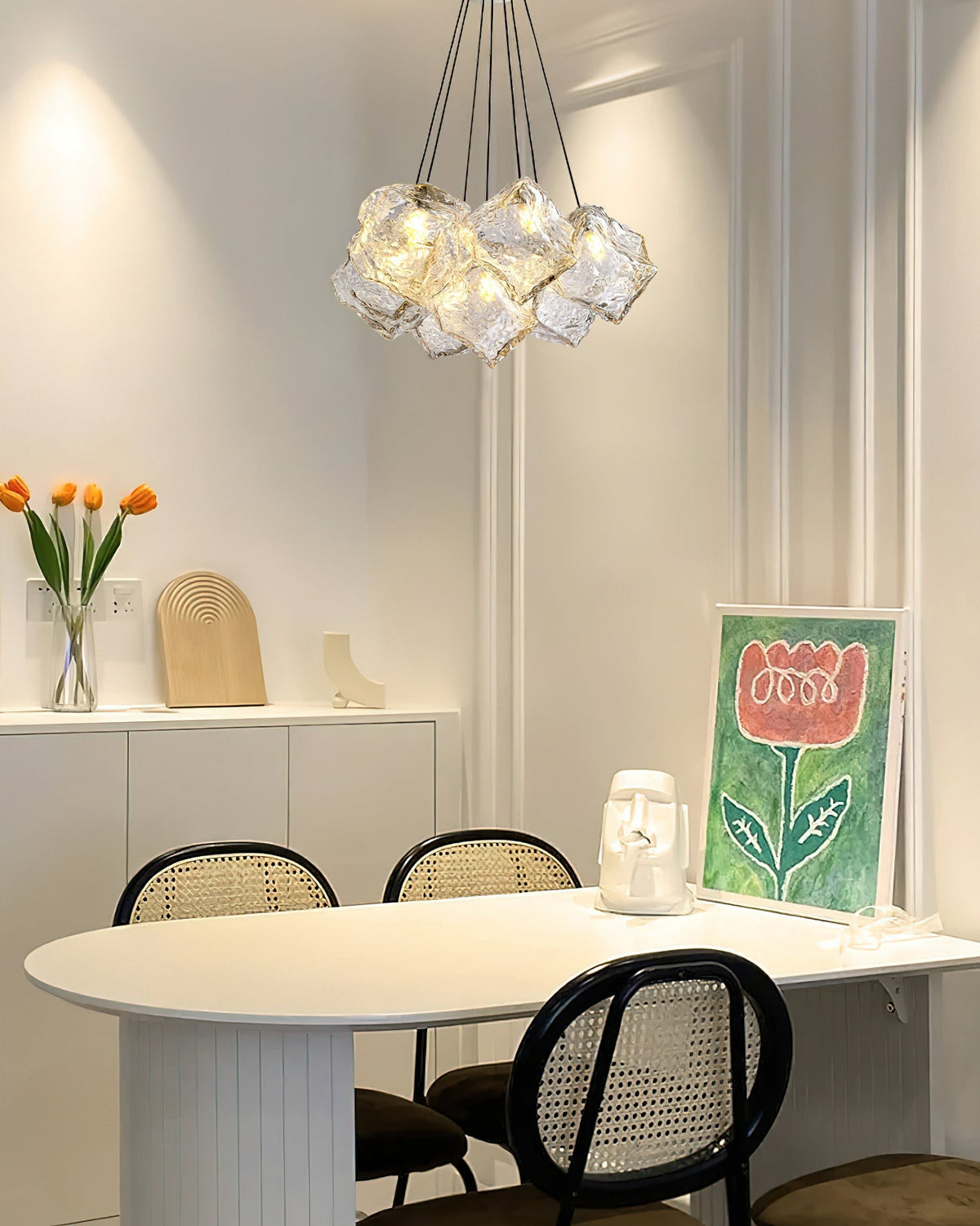 Vasare Curated Mouth-Blown Frosted Glass Chandel – unlit natural material contrast
