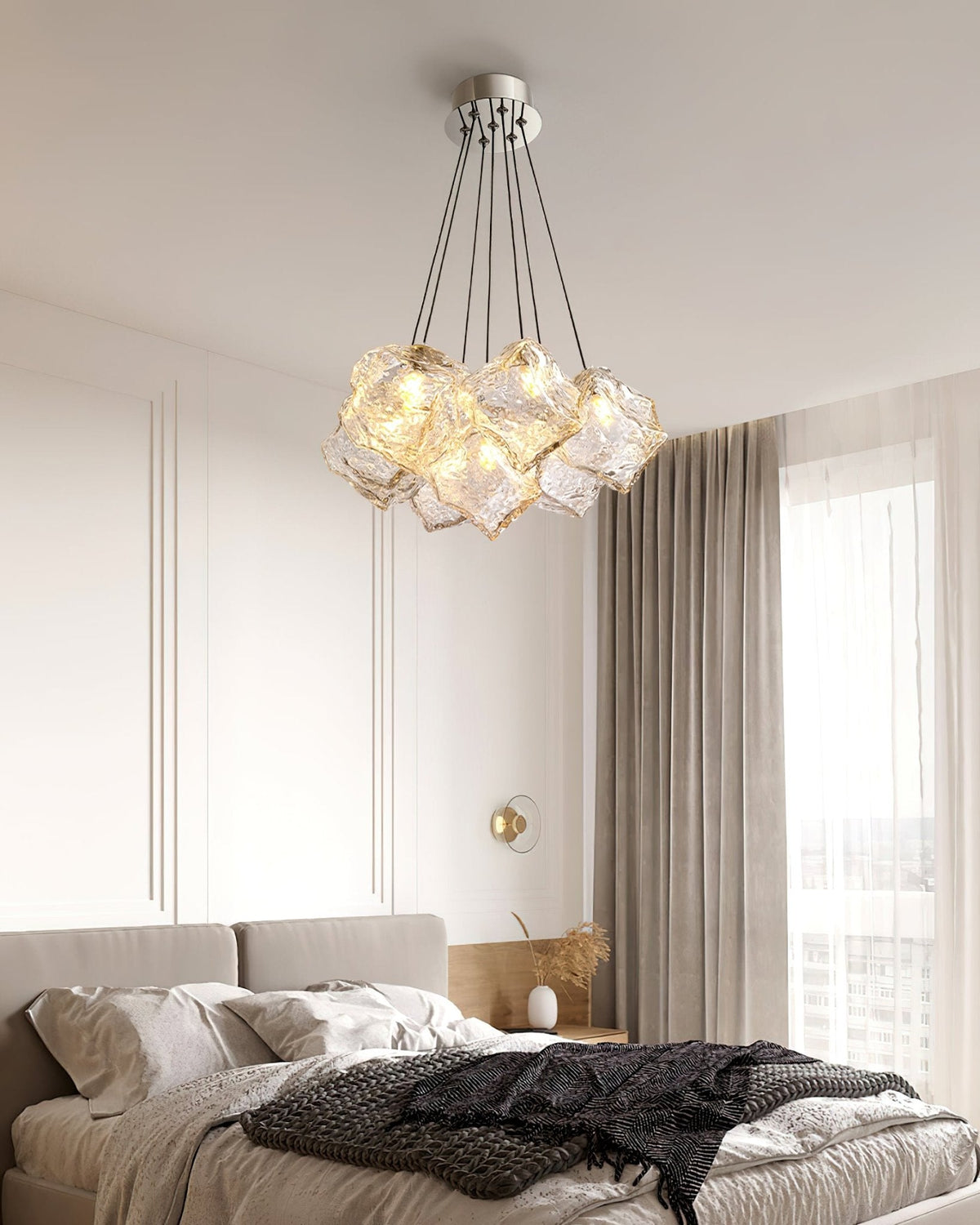 Vasare Curated Mouth-Blown Frosted Glass Chandel – illuminated warm ambiance setting