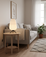 Veilo Curated Iron & Glass Table Lamp warm illuminated room view