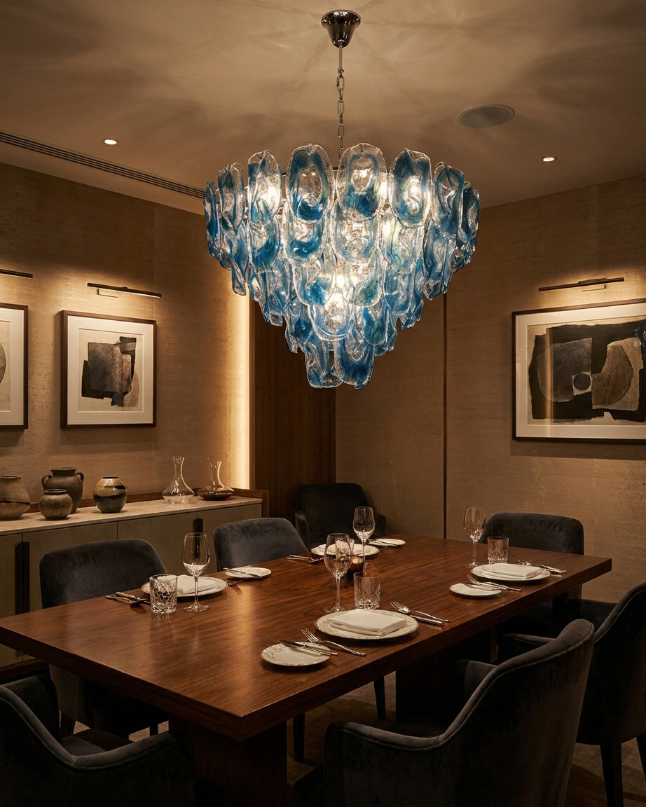 Velisse Curated Mouth-Blown Frosted Glass Chande – structural canopy joint detail