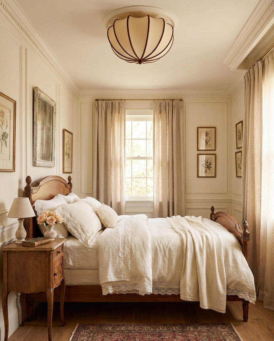 Velisse Curated Iron & Glass Flush Mount Ceiling – illuminated warm ambiance setting
