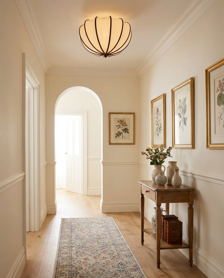 Velisse Curated Iron & Glass Flush Mount Ceiling – unlit natural material contrast