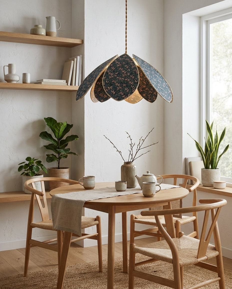 Velmira Curated Iron & Glass Pendant Light – unlit natural material contrast