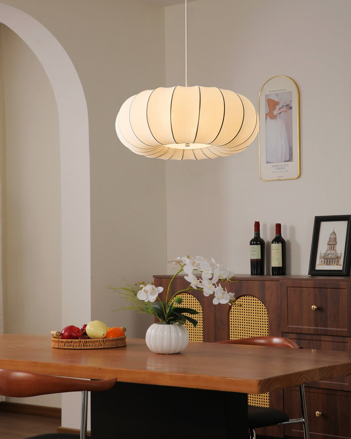 Velorin Curated Iron & Glass Pendant Light warm illuminated room view
