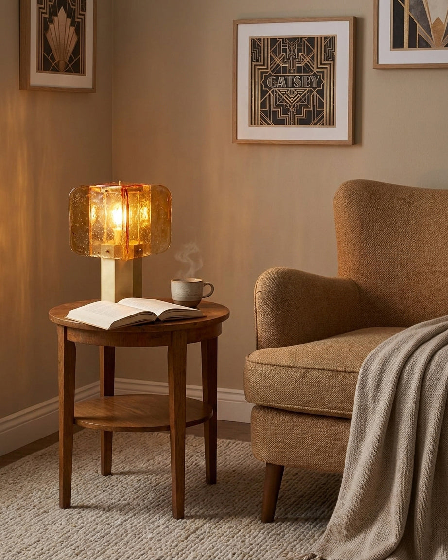 Veloura Curated Amber Art Glass Table Lamp installed in residential dining space
