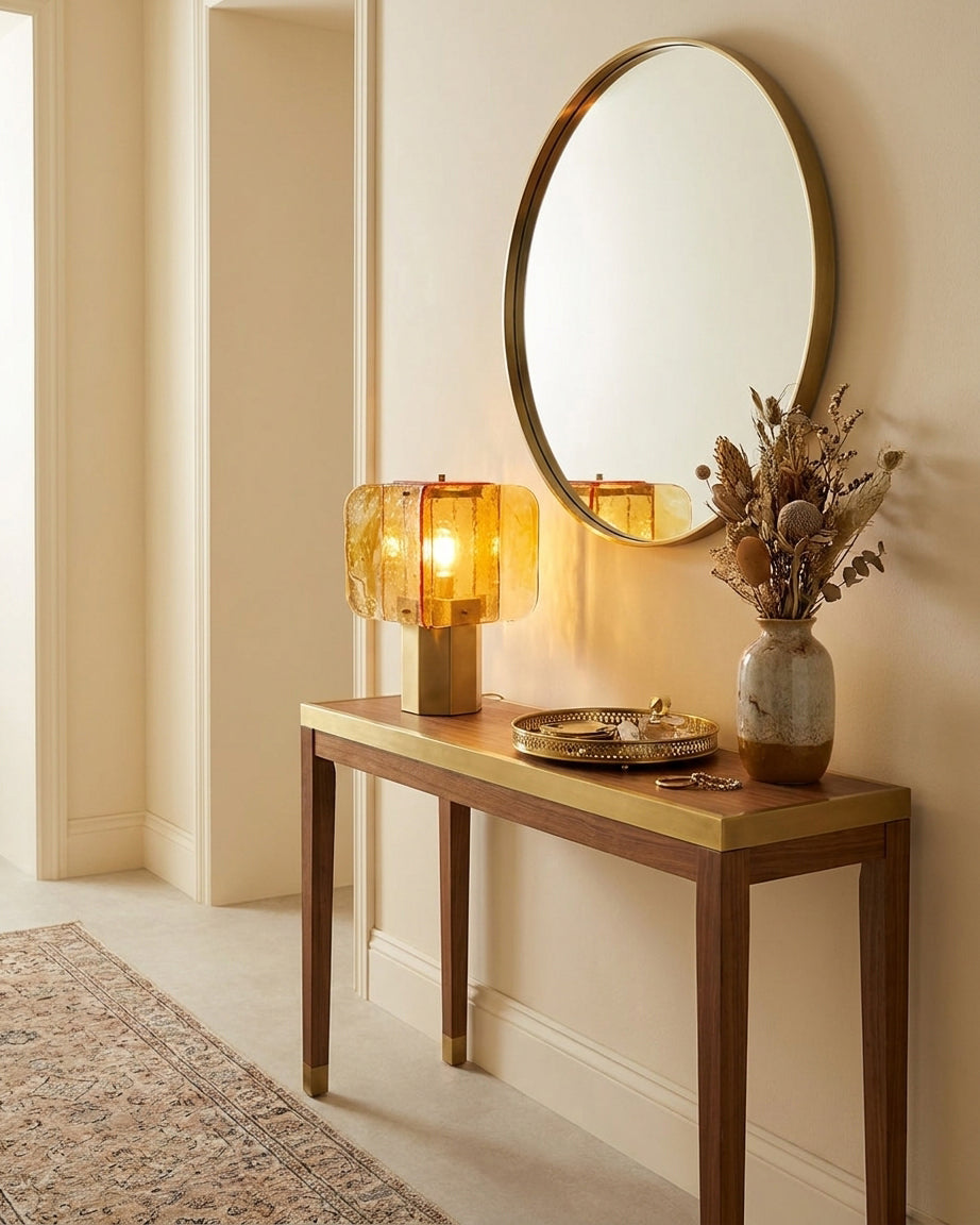 Veloura Curated Amber Art Glass Table Lamp – illuminated warm ambiance setting