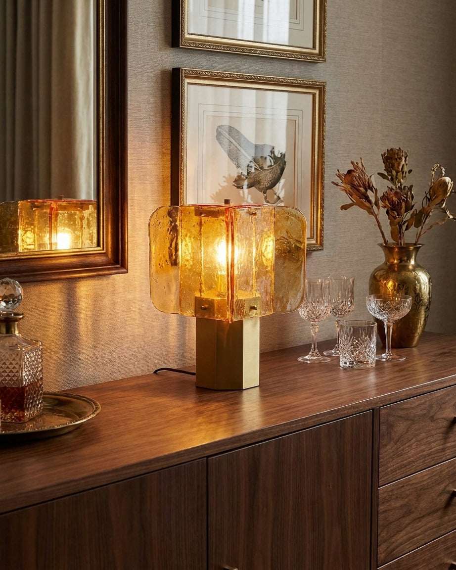 Amber Art Glass craftsmanship detail on Veloura Curated Amber Art Glass Table Lamp