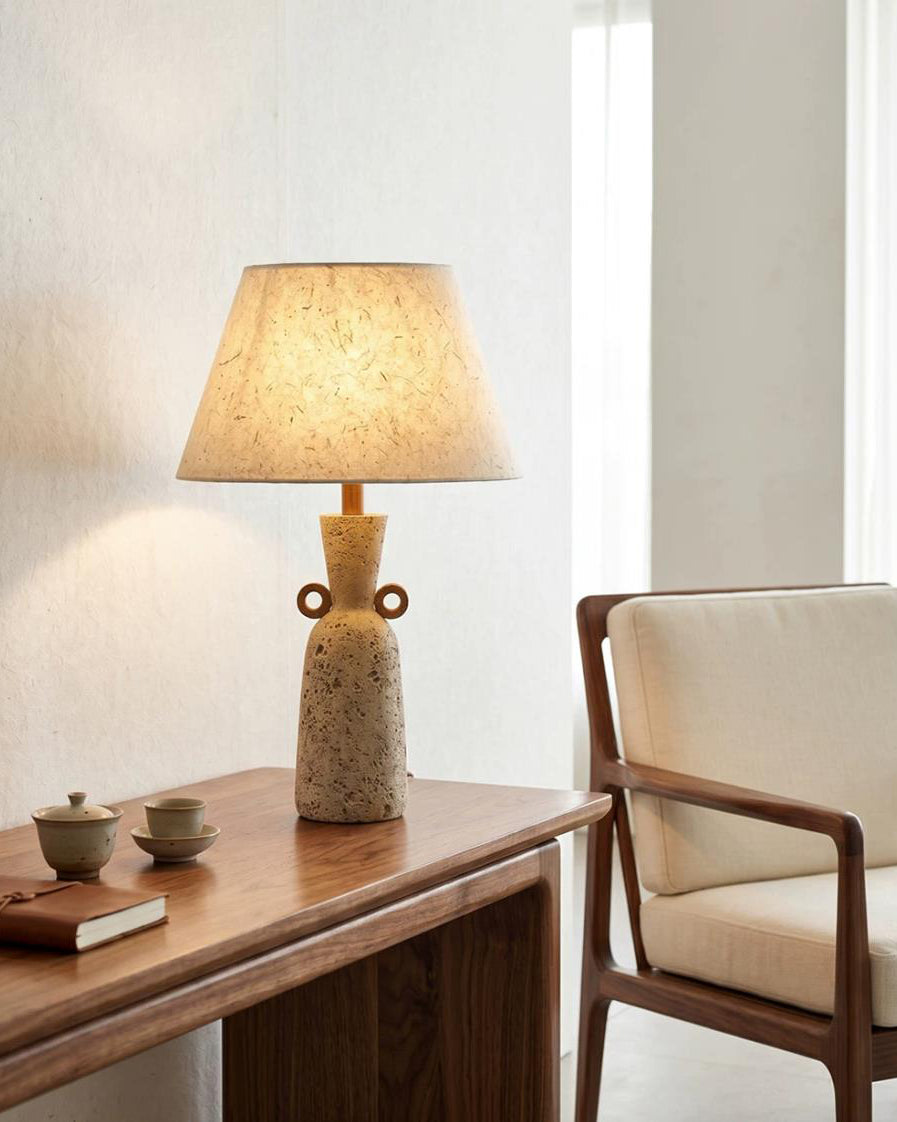 Velric Curated Yellow Travertine Table Lamp – illuminated warm ambiance setting