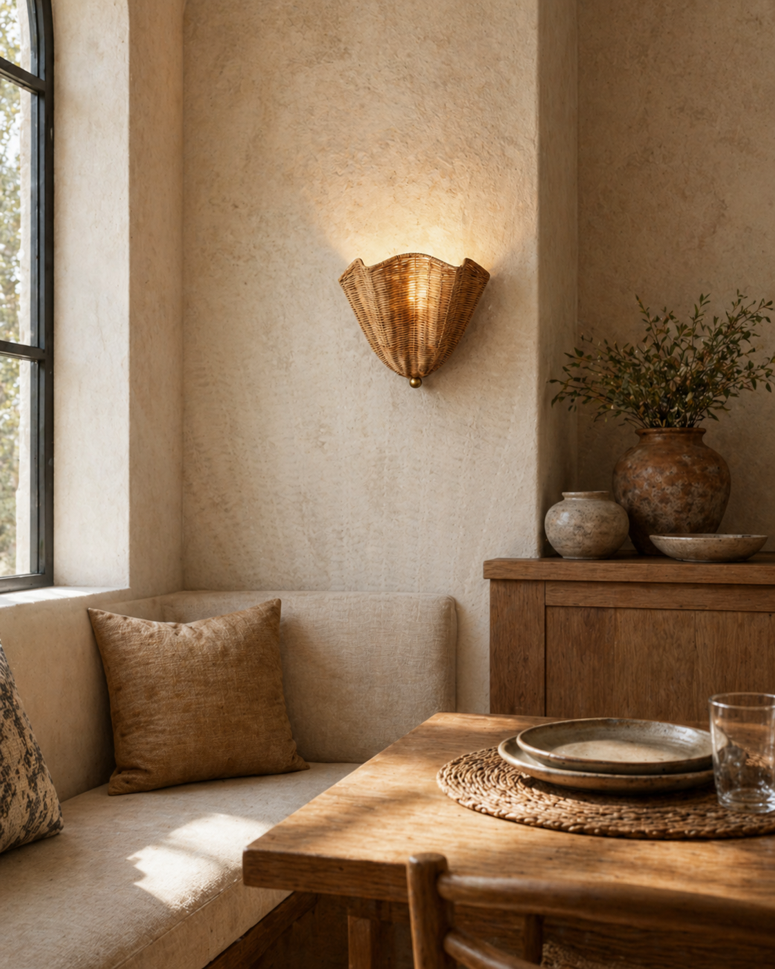 Woven Rattan craftsmanship detail on Vera Rattan Curated Woven Rattan Wall Sconce