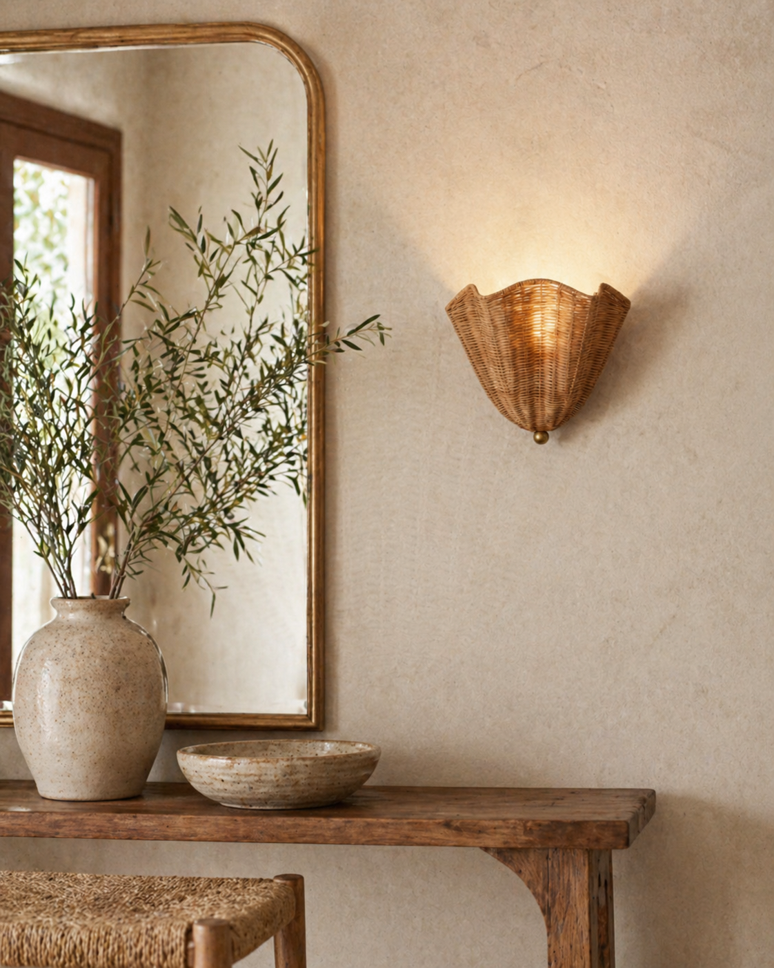 Vera Rattan Curated Woven Rattan Wall Sconce – handcrafted surface texture