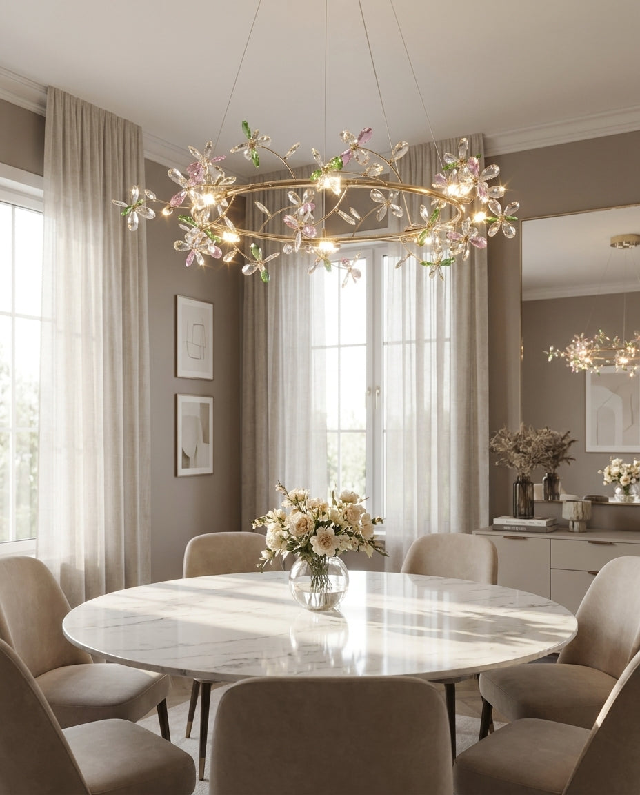 Verena Flora Curated K9 Bohemian Crystal Chandel – spatial dining room perspective