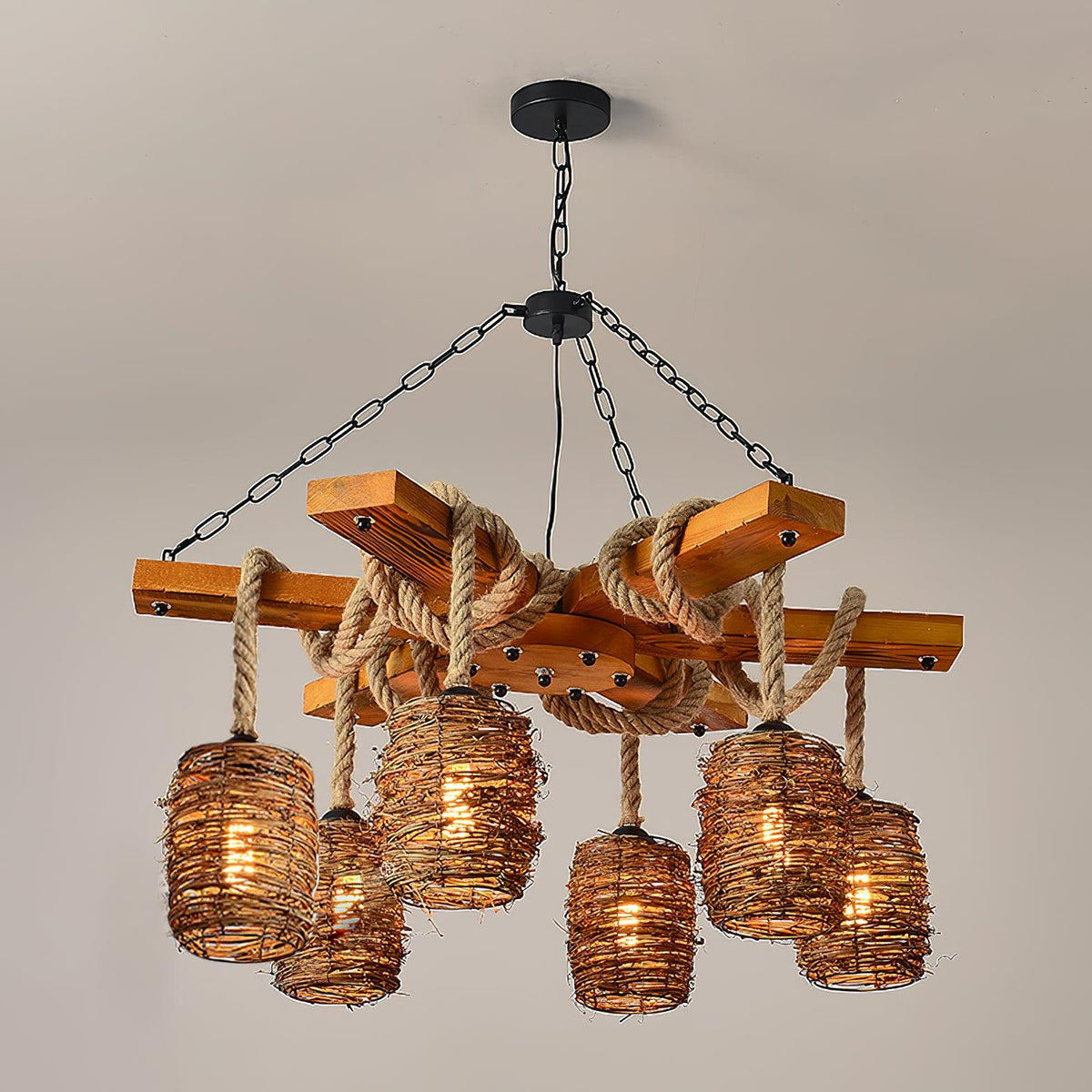 Vintage Farmhouse Curated Woven Rattan Chandelie – unlit natural material contrast