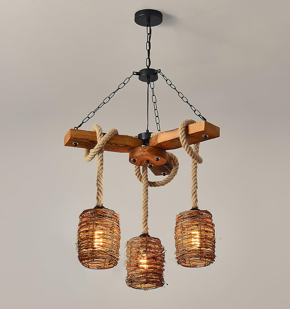 Vintage Farmhouse Curated Woven Rattan Chandelie – macro detail view #1