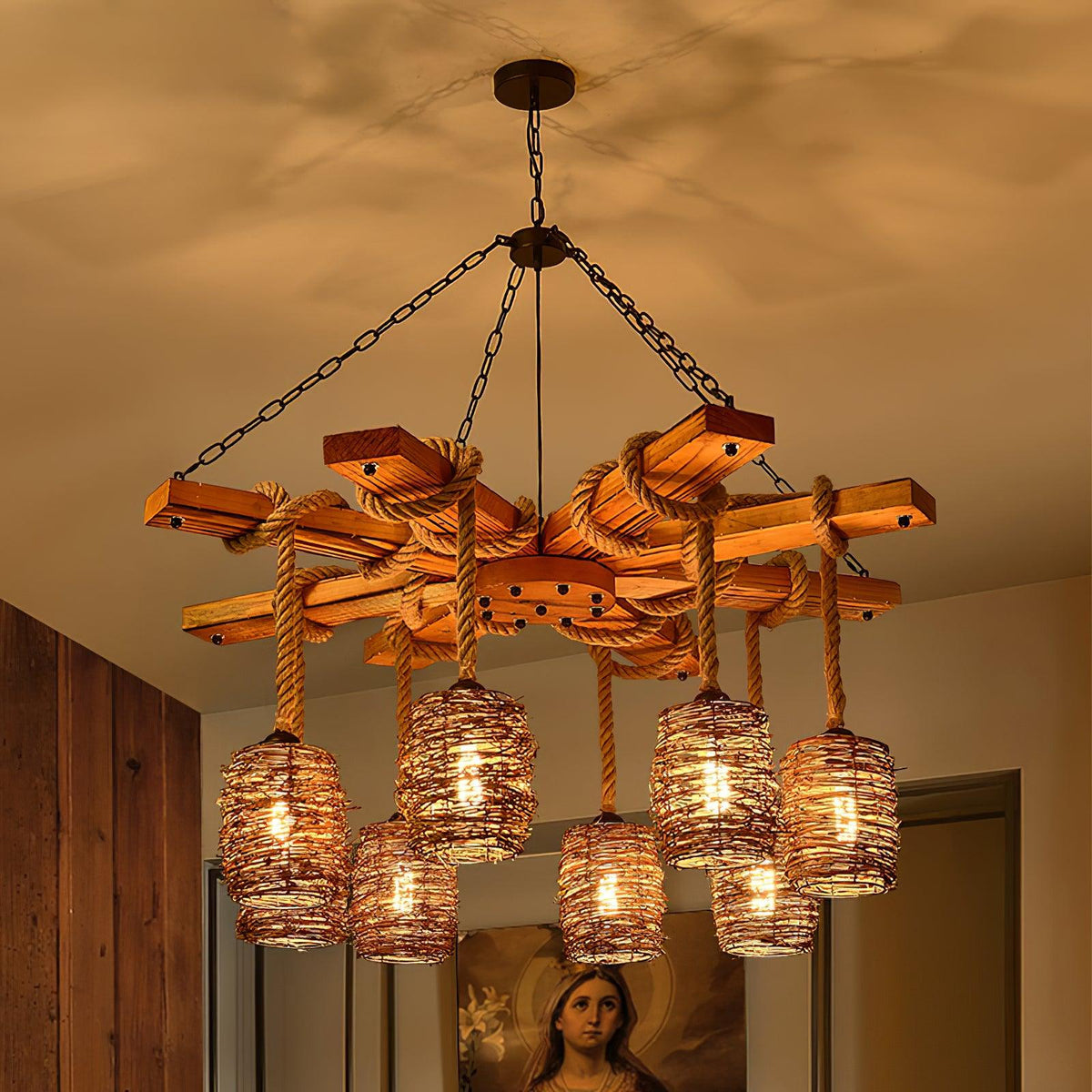 Vintage Farmhouse Curated Woven Rattan Chandelie installed in residential dining space