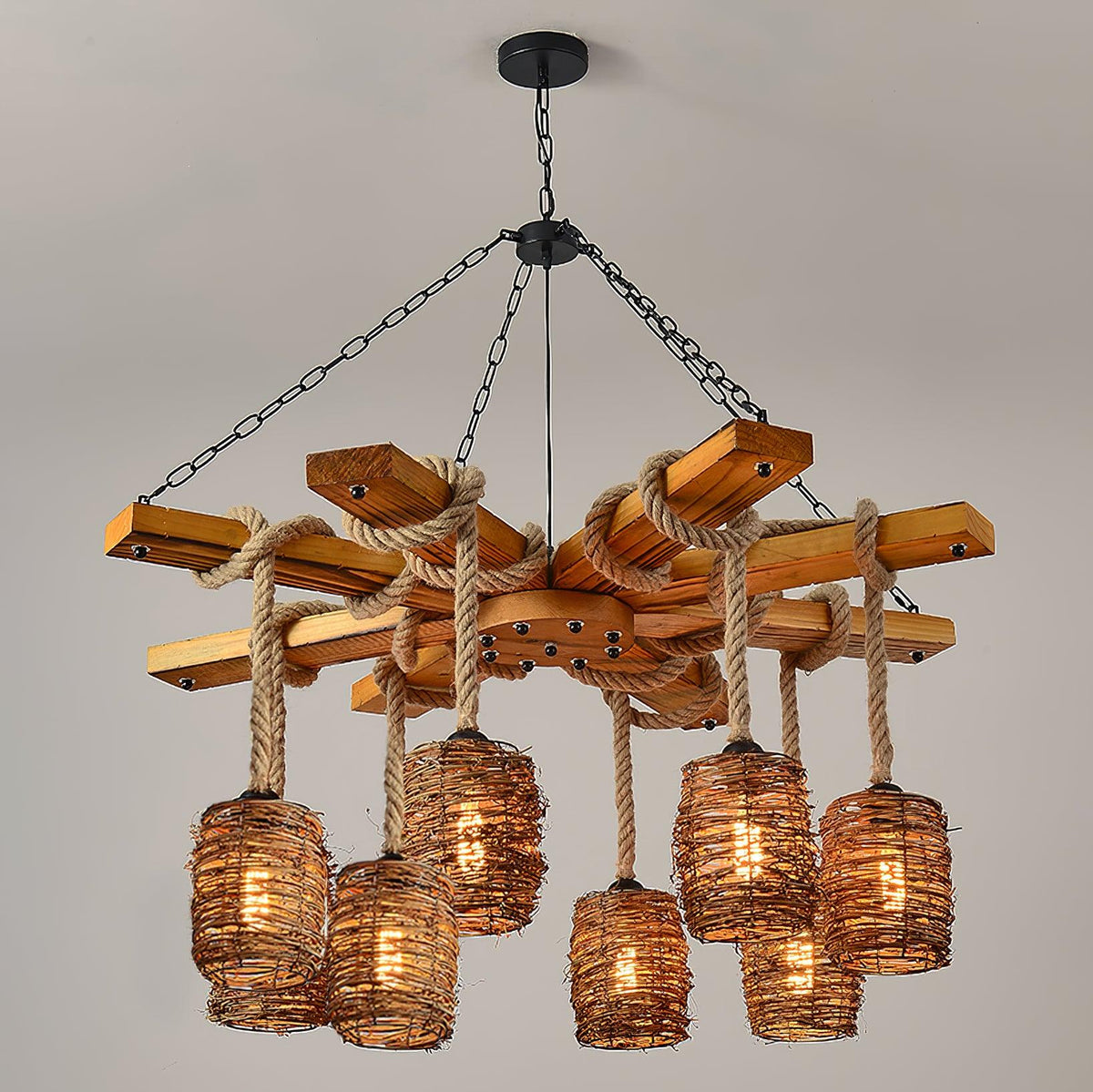 Vintage Farmhouse Curated Woven Rattan Chandelie – dimensional scale reference