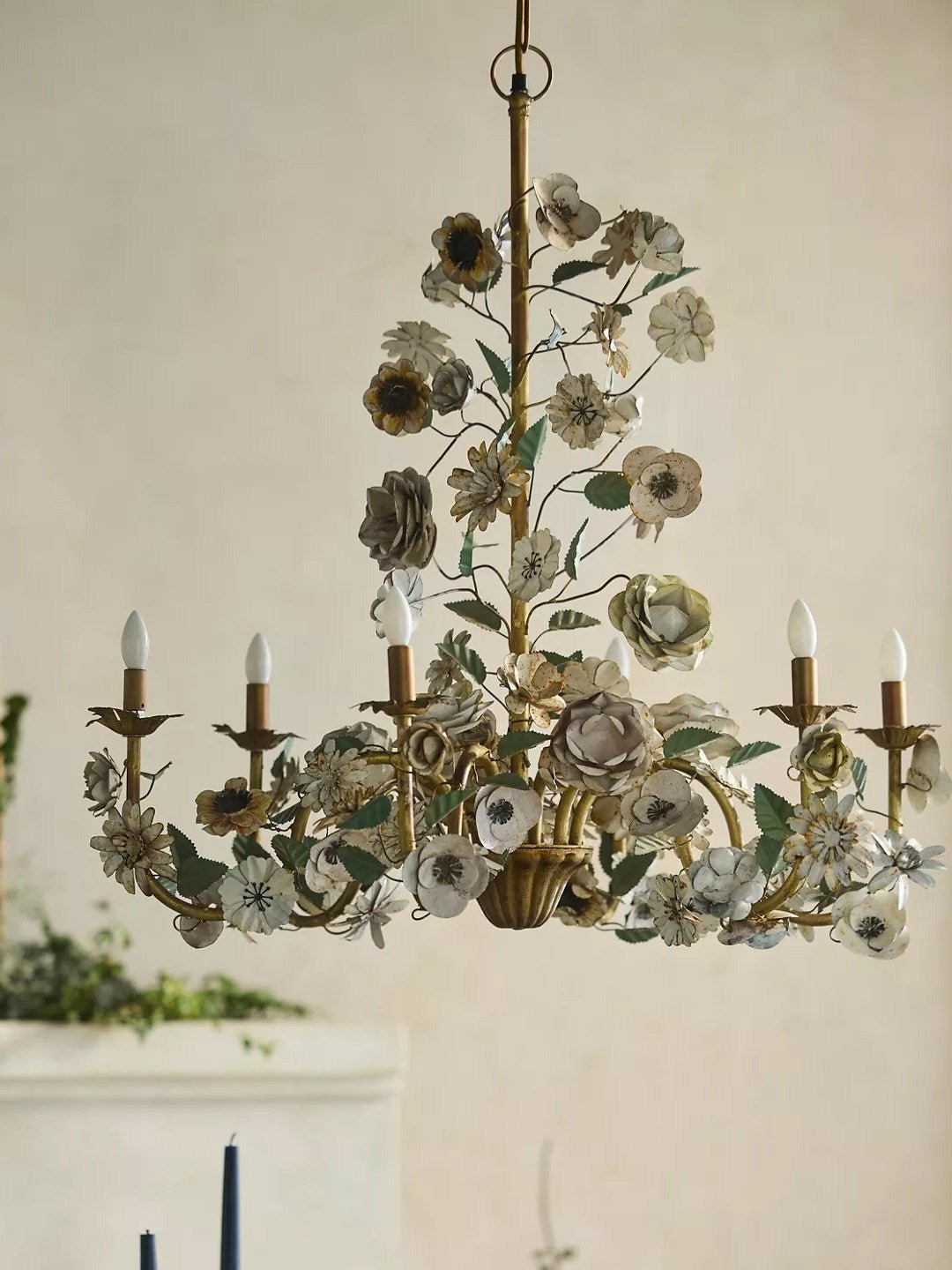 Vintage Floral Curated Iron & Glass Chandelier – full fixture elevation view