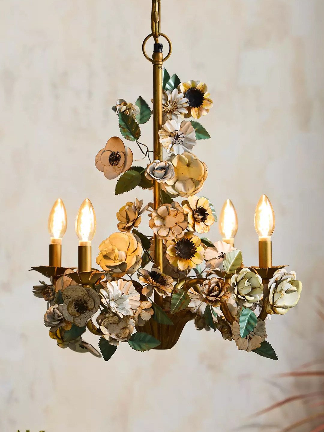 Vintage Floral Curated Iron & Glass Chandelier – macro detail view