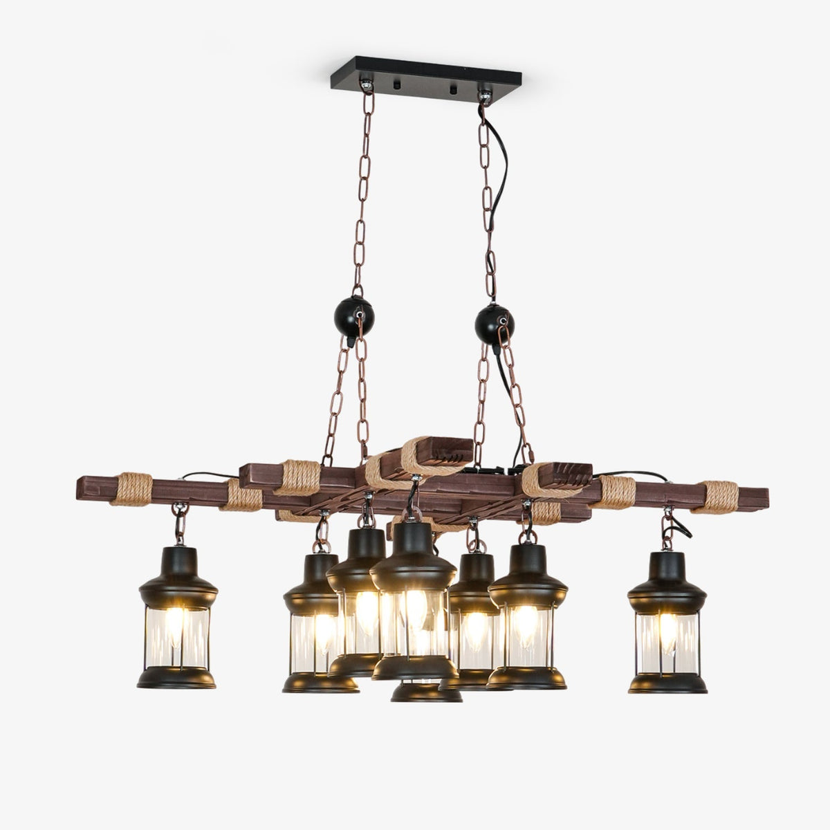 Vintage Wood Glass Chandelier – Handcrafted Architectural Luxury Lighting Fixture