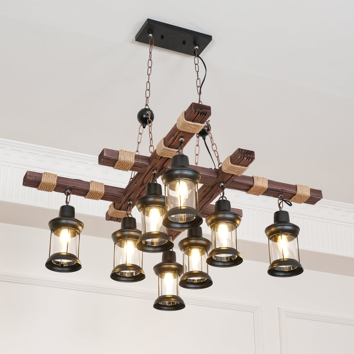 Vintage Wood Glass Chandelier – Ambient Illumination in Luxury Interior Setting View 3