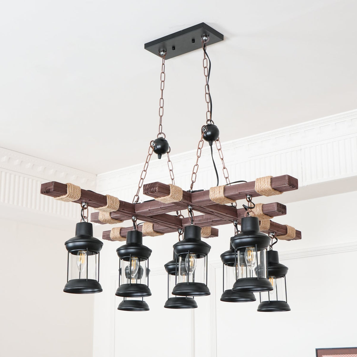 Vintage Wood Glass Chandelier – Ambient Illumination in Luxury Interior Setting View 11