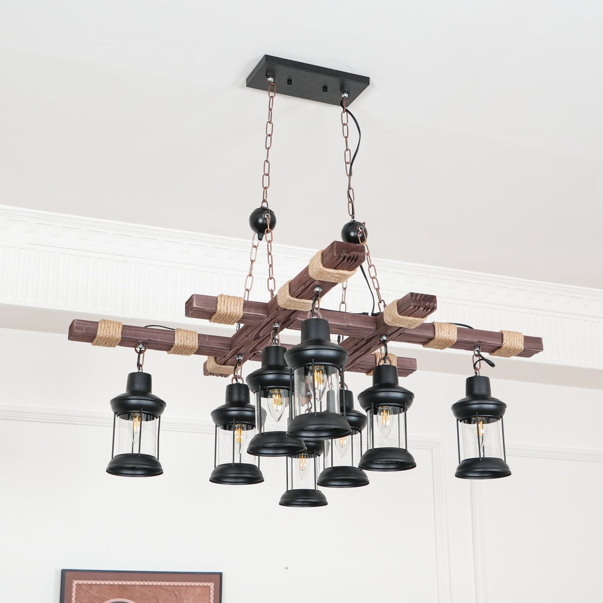 Vintage Wood Glass Chandelier – Ambient Illumination in Luxury Interior Setting View 9