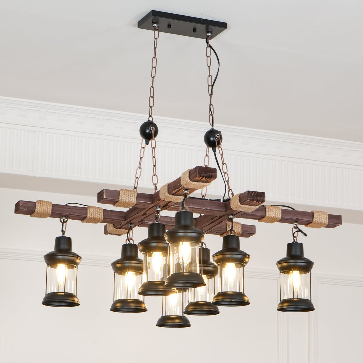 Vintage Wood Glass Chandelier – Ambient Illumination in Luxury Interior Setting View 6