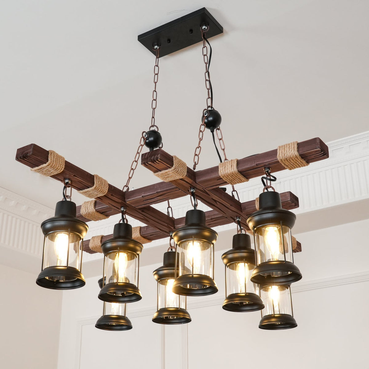 Vintage Wood Glass Chandelier – Ambient Illumination in Luxury Interior Setting View 7