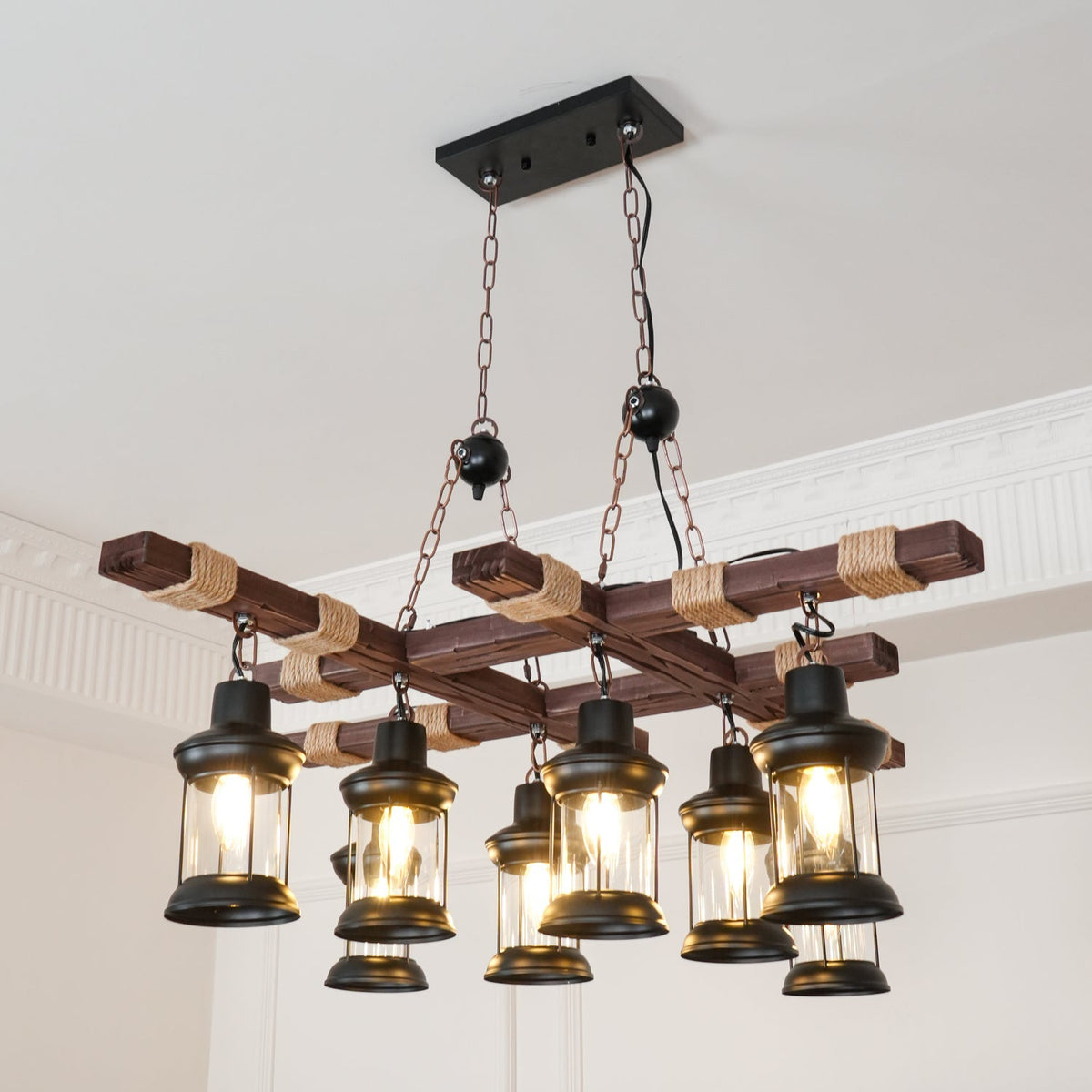 Vintage Wood Glass Chandelier – Ambient Illumination in Luxury Interior Setting View 5