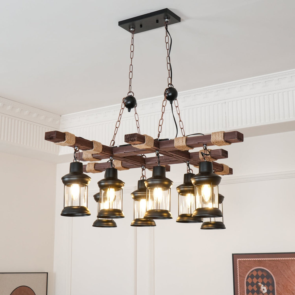 Vintage Wood Glass Chandelier – Handcrafted Material Texture and Detail View