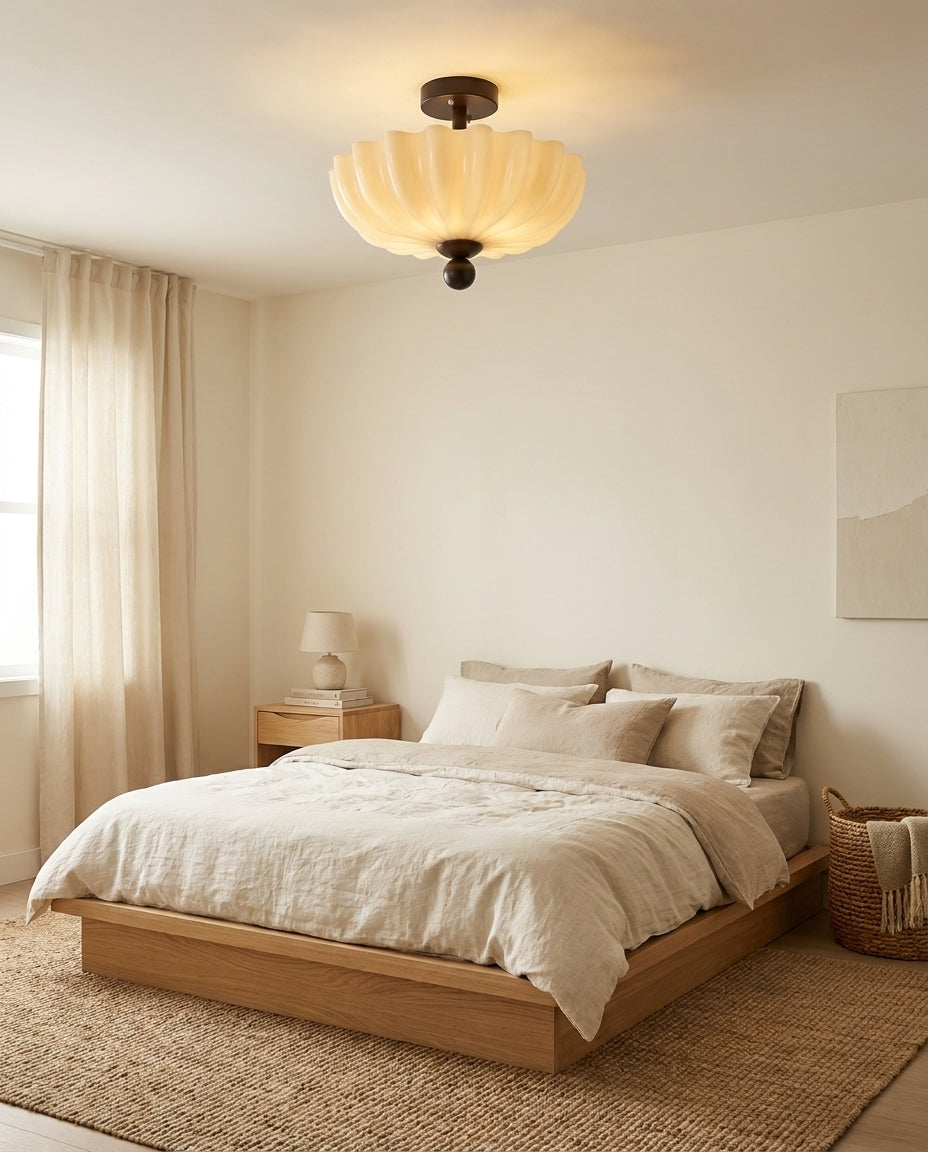Virelan Curated Mouth-Blown Frosted Glass Flush – unlit natural material contrast