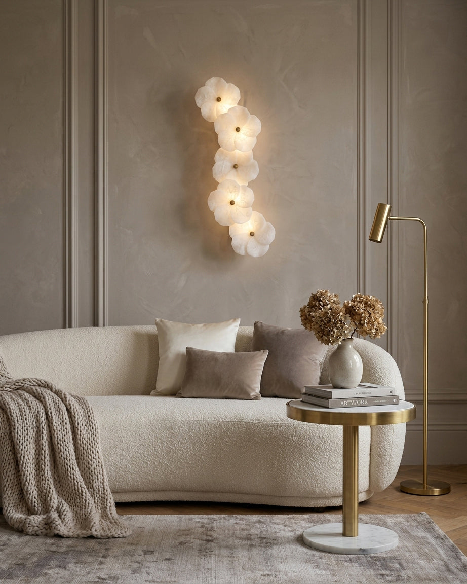 Virelle Alabaster Curated Alabaster Wall Sconce – structural canopy joint detail