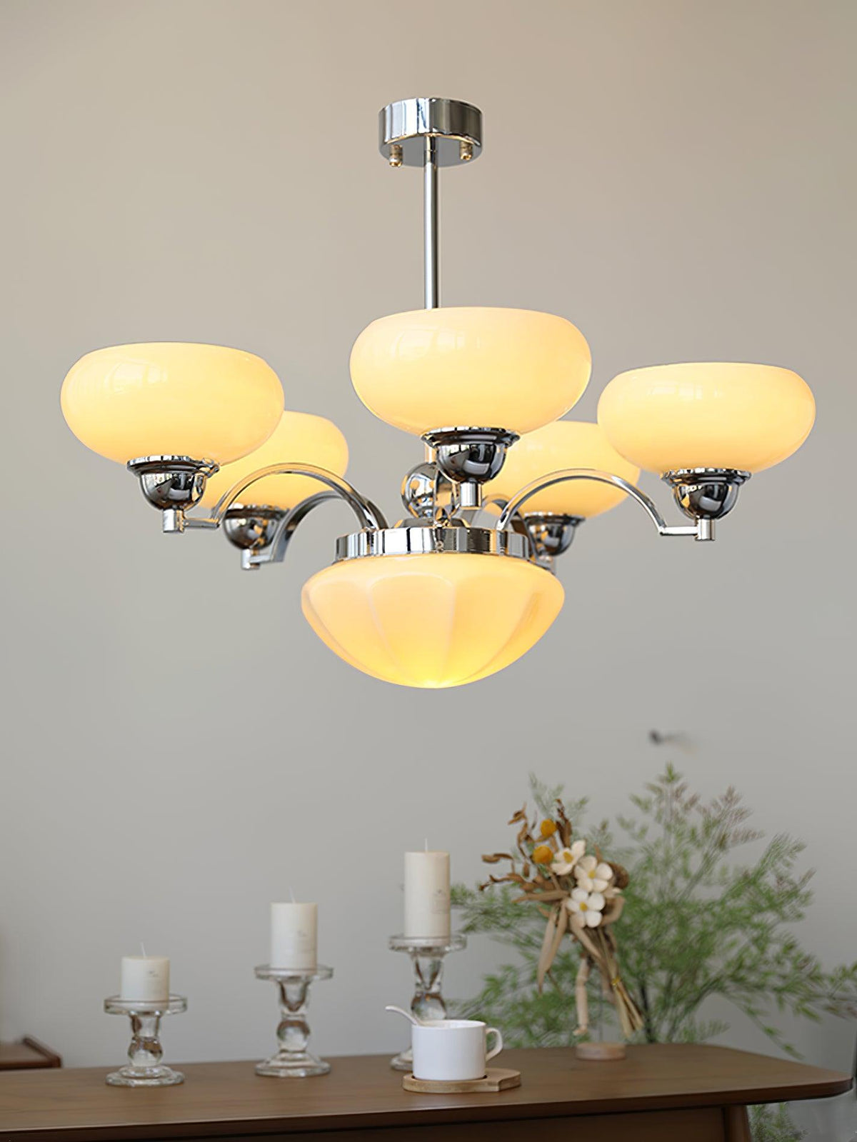 Warre Curated Mouth-Blown Frosted Glass Chandeli – spatial dining room perspective
