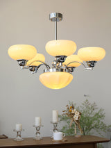 Warre Curated Mouth-Blown Frosted Glass Chandeli – spatial dining room perspective