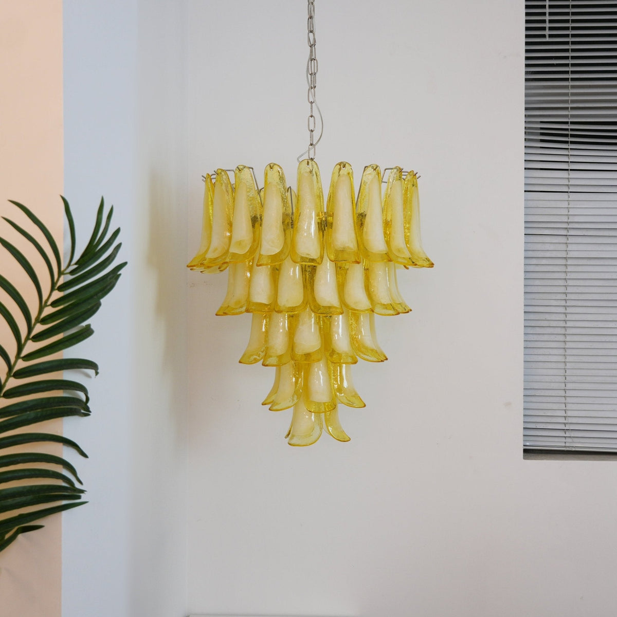 Wave Yellow Glass Curated Mouth-Blown Frosted Gl warm illuminated room view