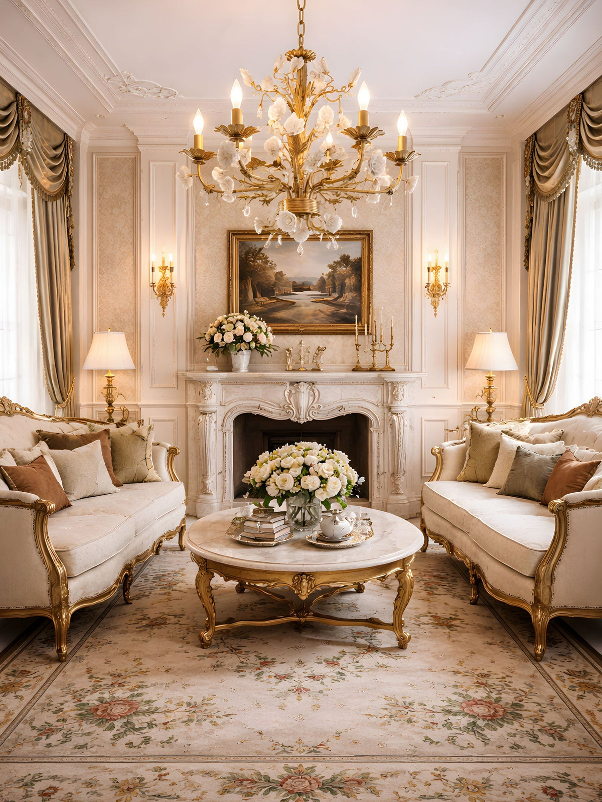 White Rose Crystal Chandelier – Ambient Illumination in Luxury Interior Setting View 9