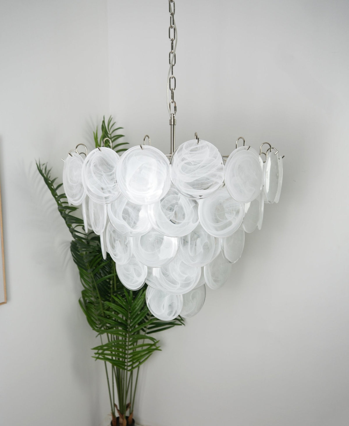 White Glass Disc Chandelier – Ambient Illumination in Luxury Interior Setting View 10