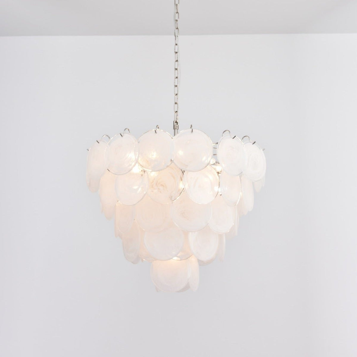 White Glass Disc Chandelier – Ambient Illumination in Luxury Interior Setting View 7