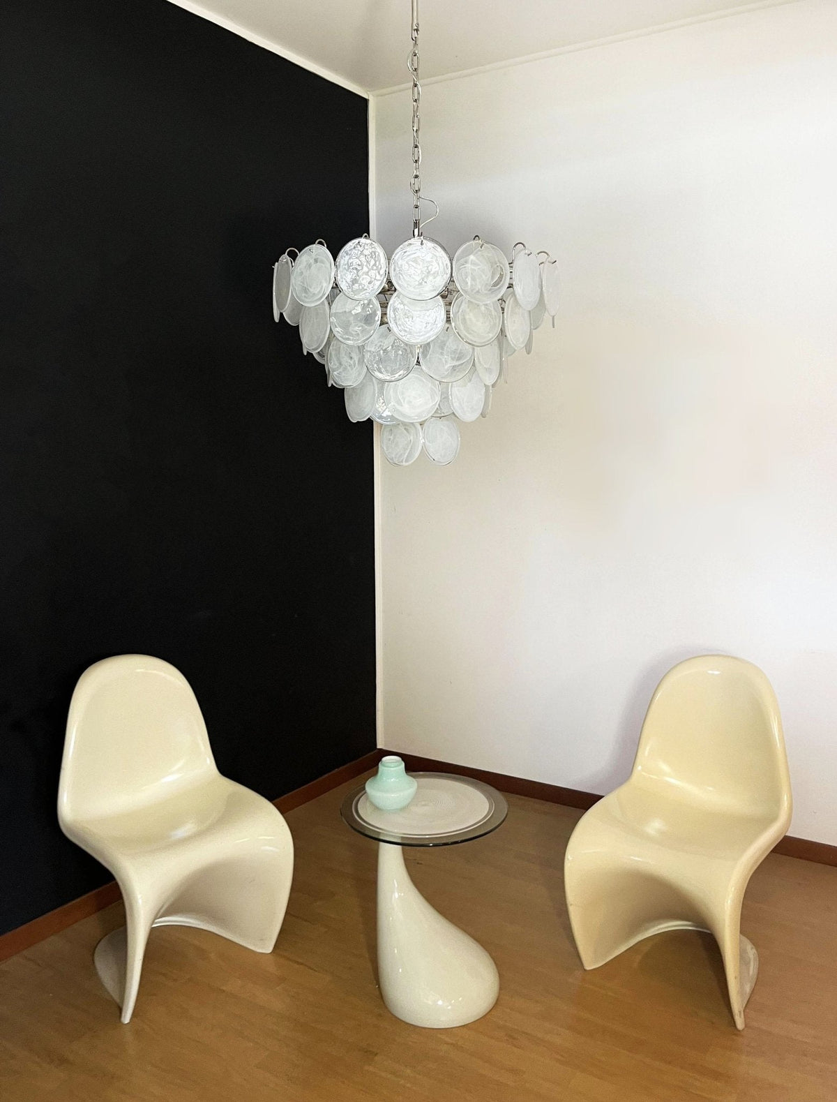 White Glass Disc Chandelier – Ambient Illumination in Luxury Interior Setting View 14