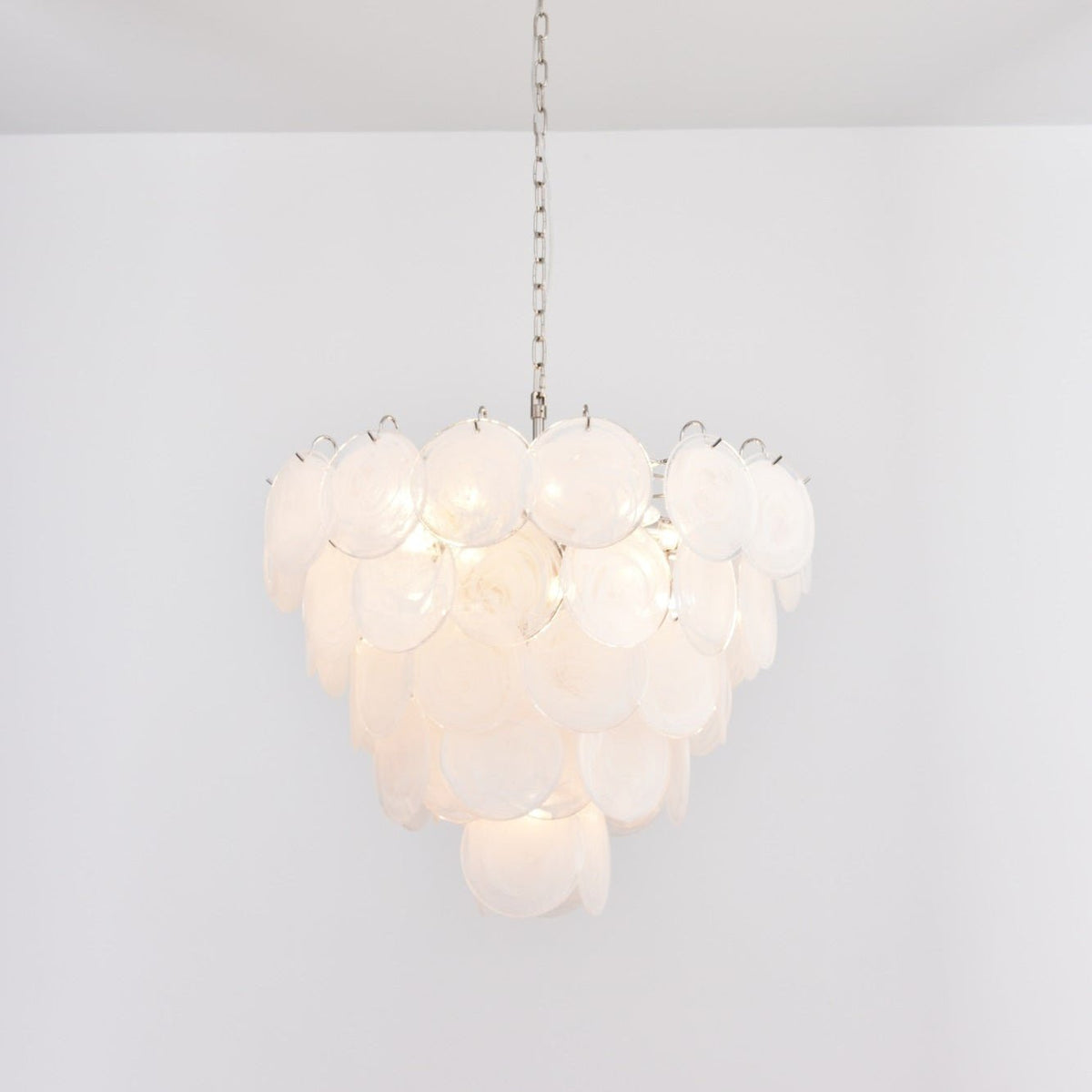 White Glass Disc Chandelier – Ambient Illumination in Luxury Interior Setting View 9
