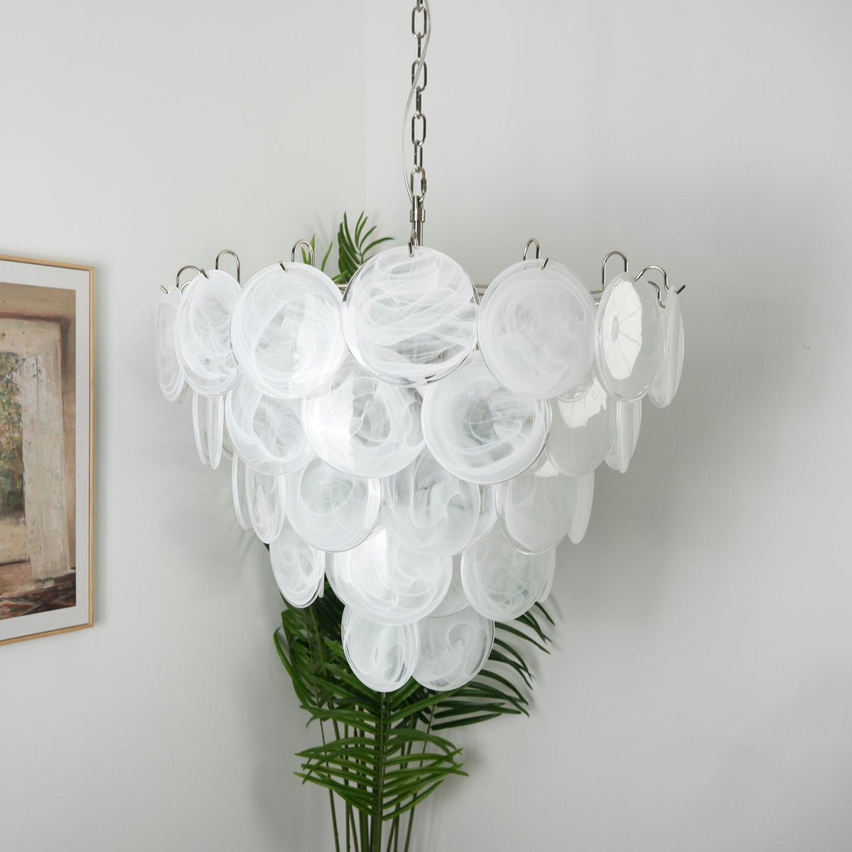 White Glass Disc Chandelier – Ambient Illumination in Luxury Interior Setting View 11