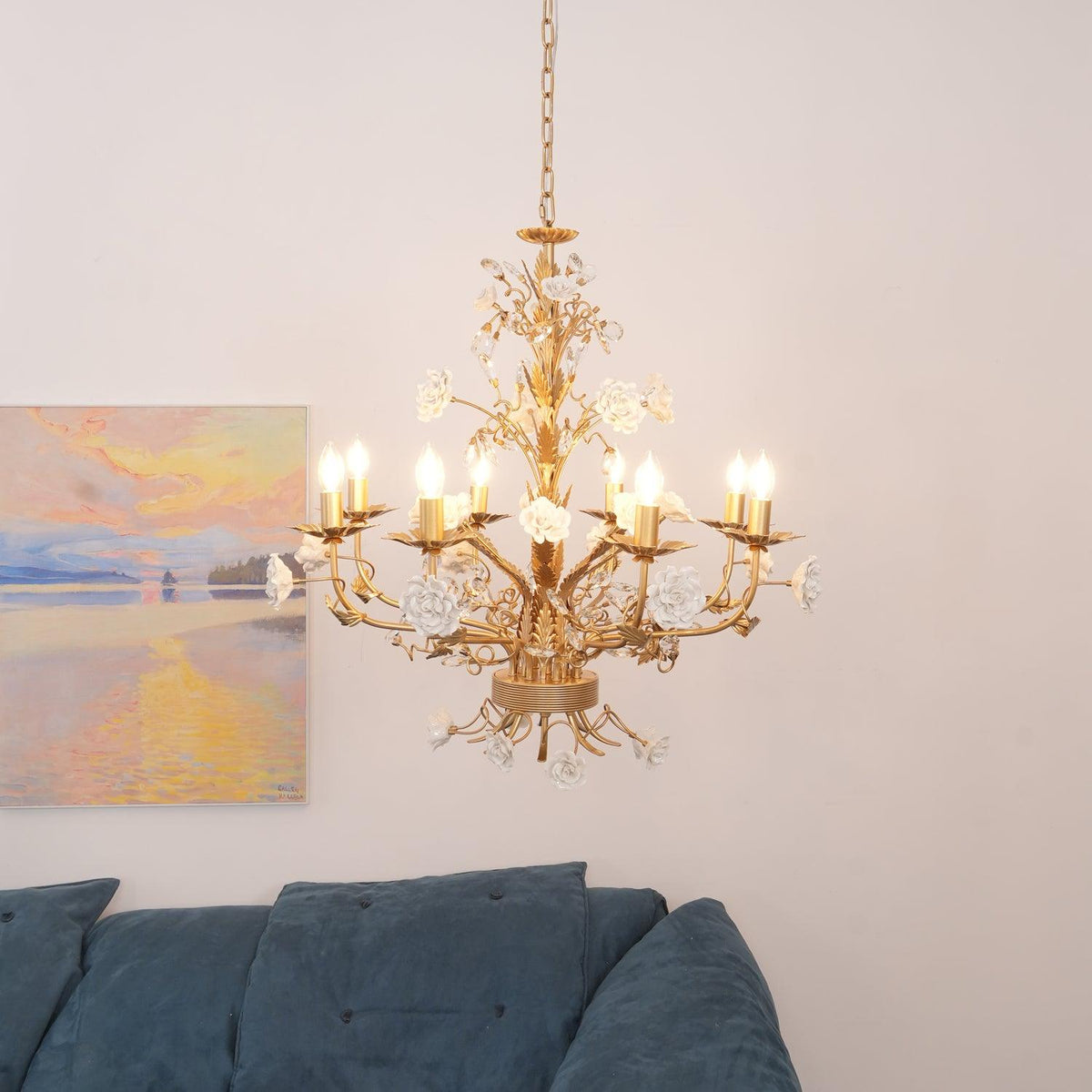 White Rose Crystal Chandelier – Ambient Illumination in Luxury Interior Setting View 12