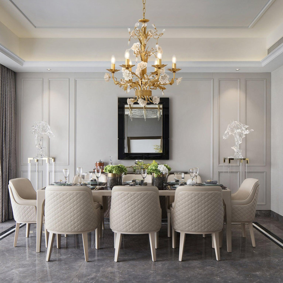 White Rose Crystal Chandelier – Ambient Illumination in Luxury Interior Setting View 13