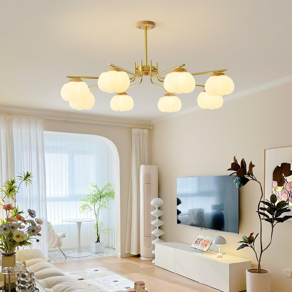 Plastic Cotton Balls Curated Iron & Glass Chande installed in residential dining space