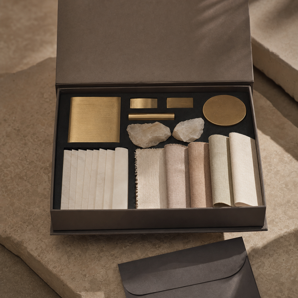 JINSHE Material Swatch Kit with brass, alabaster, paper, and fabric samples